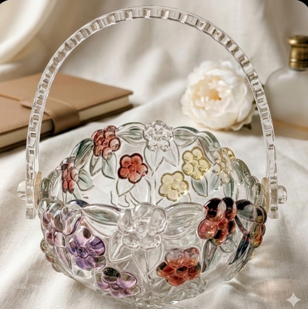 Vintage Walther Glass Carmen Rose Handled Candy Basket West Germany 80s Floral